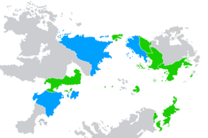 Map showing the member states of the International Council of Nations. Blue - Big Three : Green - Member Light Green - Observer : Light Grey - Non-member